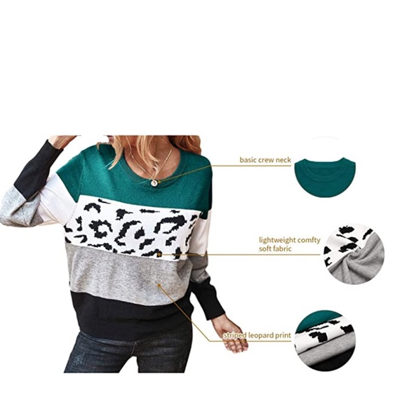 Onlypuff Women Knitted Sweater Striped Long-Sleeve Leopard Pullover Top - Picture 6 of 8